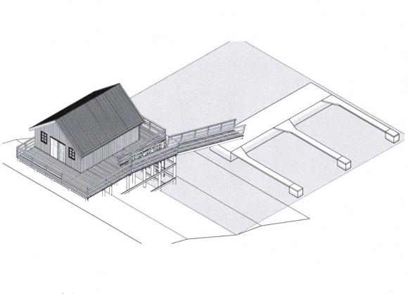 Skisse som viser p�tenkt flytebrygge og sj�hus, sett ovenfra, mot nord�st.