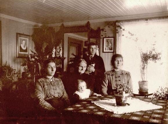 Et bilde tatt p� M�lnhushaugen i 1911. I midten sitter Elen Hansdatter med d�trene Karen til venstre, og Johanna til h�yre. P� Elens fang oldebarnet Mary, mor til Jane. Bak Johanna st�r hennes s�nn Martin.