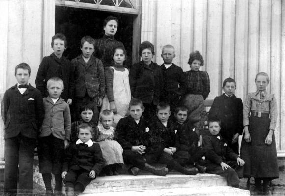 Et gammelt bilde av elever samlet til skole i Sk�lv�rg�rden i 1905 eller 1906. Det har ikke lykkes � finne ut hvem alle er, men det man kan si med en viss sikkerhet er at: Jentungen i med det hvite forkledet i bakerste rekke er Alma Edvardsdatter (Svendsen) fra Naut�en, datter til Josefine Ryan, s�ster til smeden, og Edvard Svendsen. Gutten med tverrsl�yfe i venstre bildekant er Thorvald Wiig, s�nn til Benedicte og Edvin O. Wiig, som overtok handelsstedet etter R�ringene. De tre gutten midt p� trappa er s�nner til Elen og Johan Agersborg, Det er ikke mulig med sikkerhet � si hvem er hvem, men de fire mest aktuelle er Peter, Toralv,  Ole og �yvind. Bildet er tatt ved hovedinngange i Sk�lv�rg�rden, og viser de skolebarna som soknet til Sk�lv�r. Det ble holdt skole b�de i G�rden, p� M�lnhushaugen og p� Hansihaugen. Bildet eies av Kari Sommerseth Jacobsen.