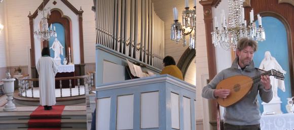 Fra kirken. Sogneprest Caroline vender seg mot alteret, Mona spilte orgel og Kyrre Slind bidro med innslag på lutt og gregorianske toner.