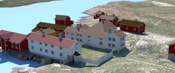 Utsnitt av modell. De hvite husene er hovedhuset og nerl�na. Helt til h�yre et hj�rne av kjellerbua.