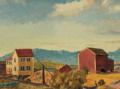 Gammelt restaurert maleri fra Sk�lv�r. Fj�sen litt til h�yre for midten st�r i n�rheten av der Kjellerbua er i dag.