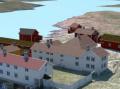 Utsnitt av modell. De hvite husene er hovedhuset og nerl�na. Helt til h�yre et hj�rne av kjellerbua.