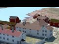 Utsnitt av modell. De hvite husene er hovedhuset og nerl�na. Helt til h�yre et hj�rne av kjellerbua.